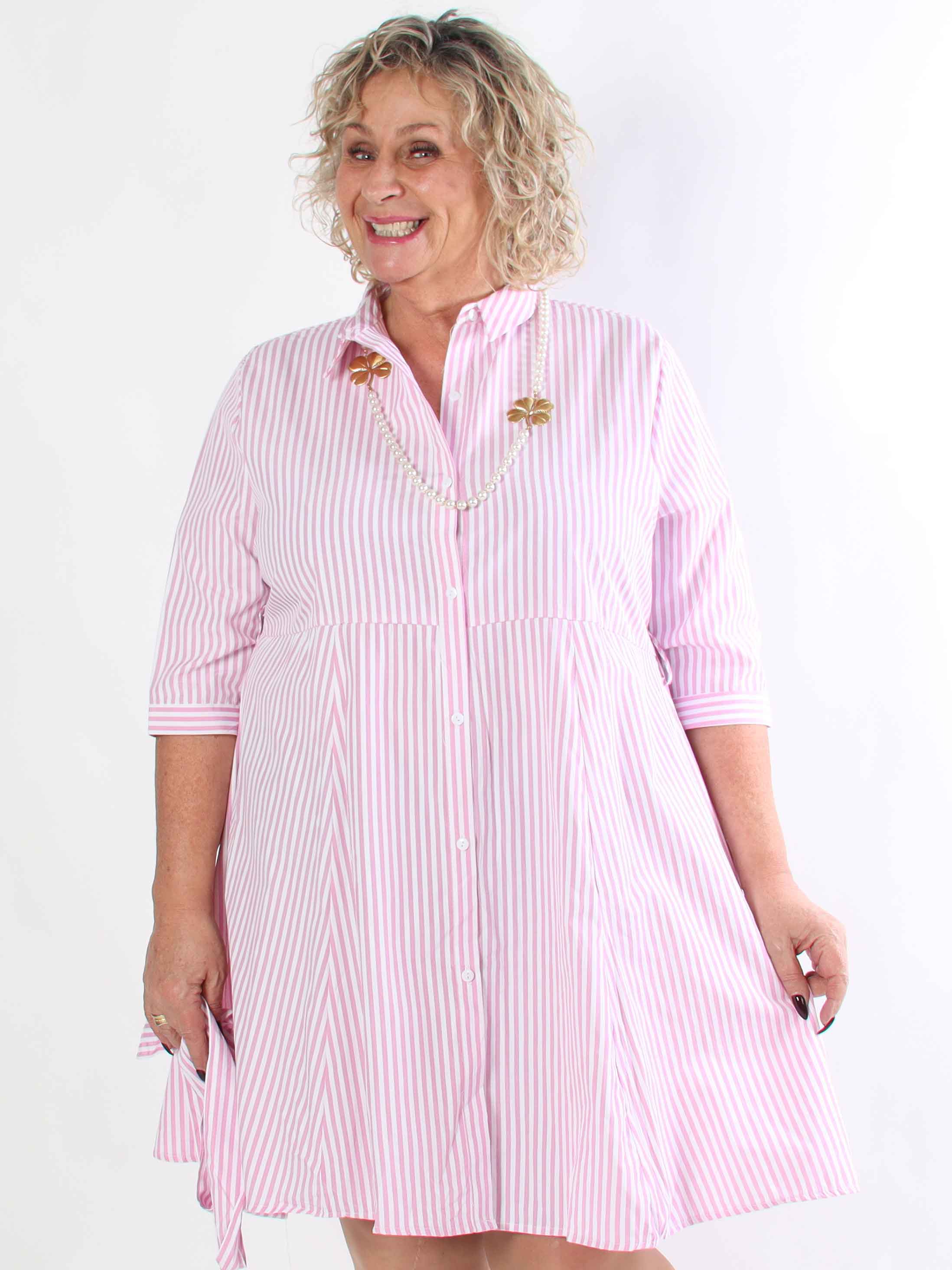 Hilma - Stribet skjortekjole i a-facon med bindebånd i livet